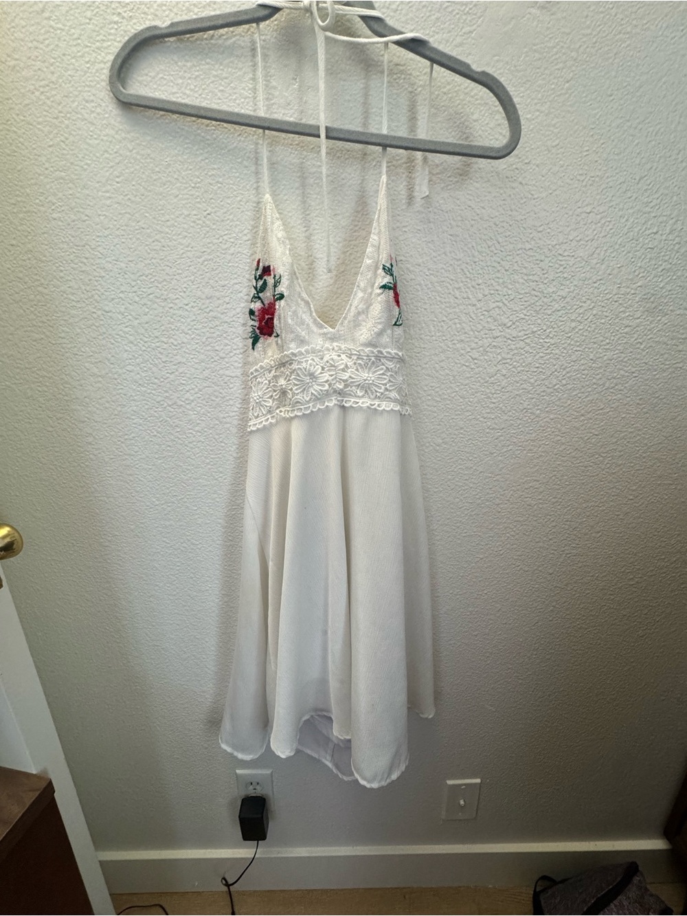 Flying Tomato White Mini Dress with Red & Green Floral Embroidery Large